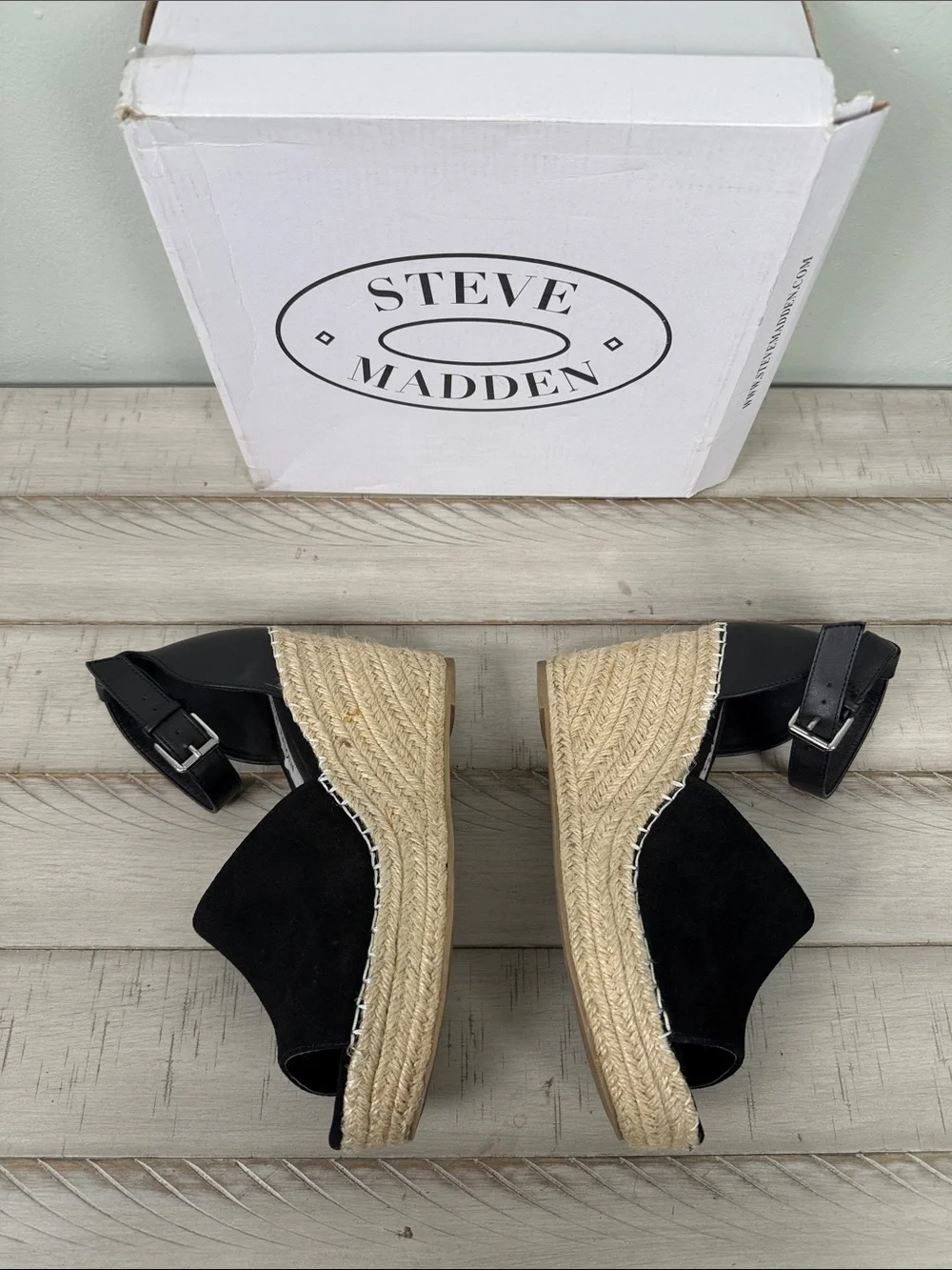 Steve Madden Gorgeous Black Espadrille Wedge Sandals with Ankle Straps Size 8.5